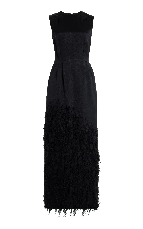 French Style Maslow Feather Maxi Dress in Black Silk Satin