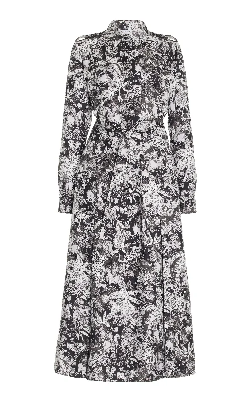 Comfortable Tops Galway Maxi Shirtdress in Grey Scale Printed Silk Twill
