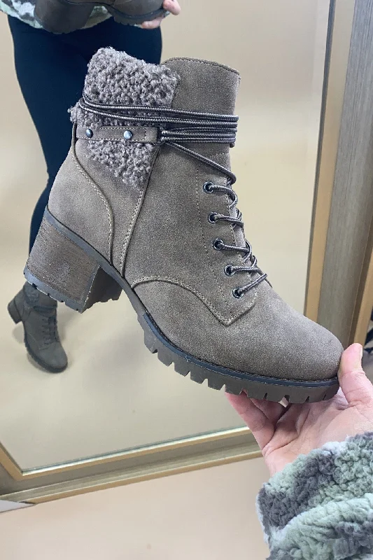 Sports And Leisure Wrapped Up- Taupe Brown Zip-Up Combat Booties w/ Sherpa Cuff