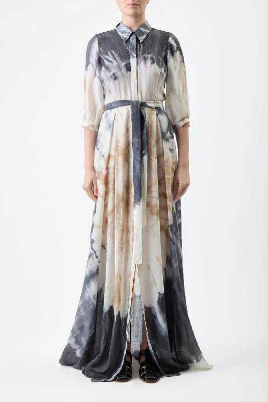 Effortless Style Daisy Pleated Maxi Shirtdress in Camel Multi Tie Dye Cashmere Silk Gauze