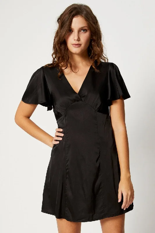 Casual Style Black Mini Dress Short Sleeve