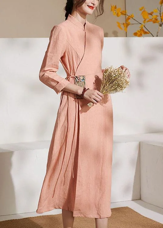 Bottom And Versatile Unique Pink Embroideried tie waist Summer Linen Summer Dresses Bottom And Versatile Unique Pink Embroideried tie waist Summer Linen Summer Dresses