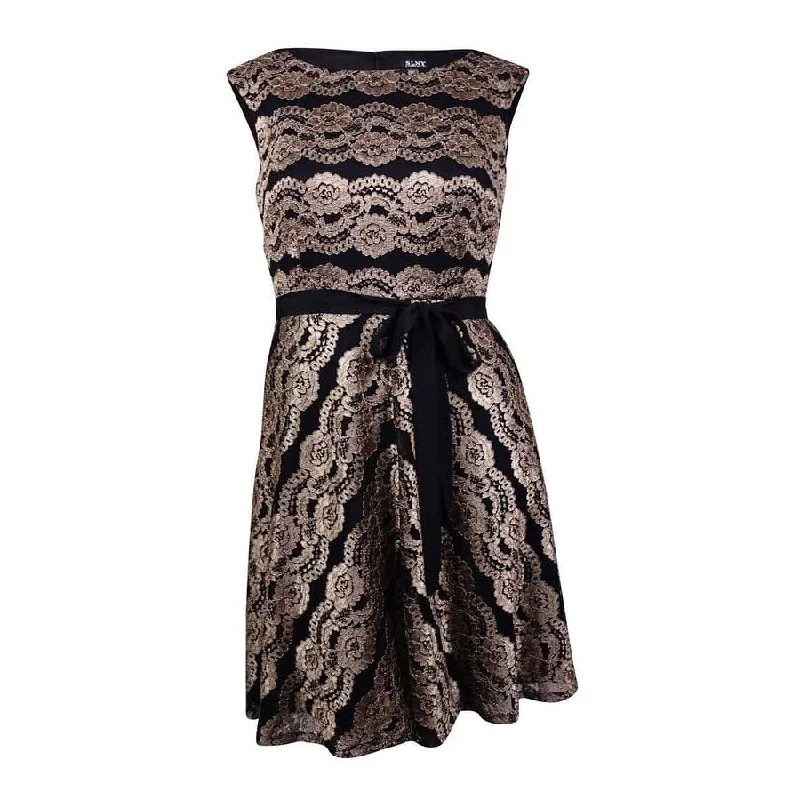 Exclusive Customization SLNY Fashion Women's Belted Floral Overlay Lace Dress