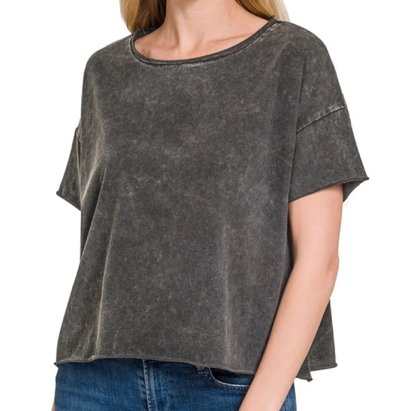 New Products Work It Washed Raw Edge Short Sleeve Top Ash Black
