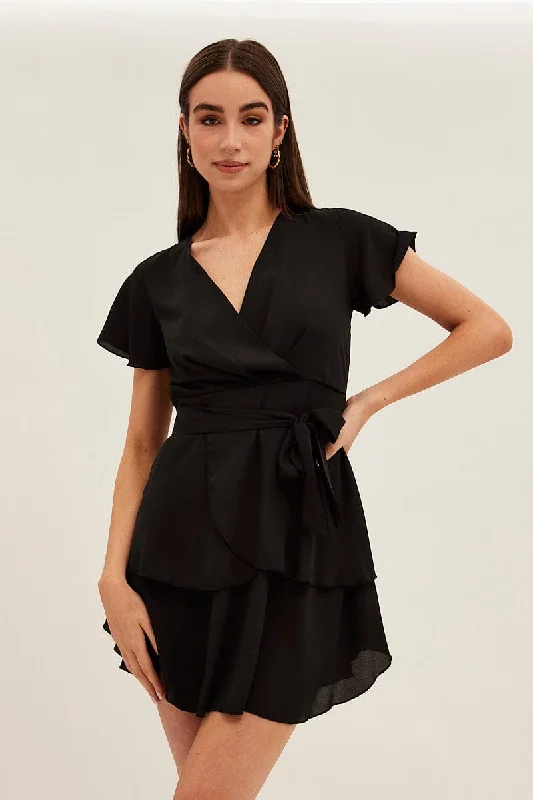Easy Fashion Black Short Sleeve Mini Skater Dress