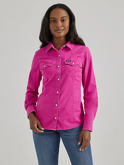 Relaxed Fit Wrangler Retro Bold Pink Long Sleeve Solid Western Snap Shirt
