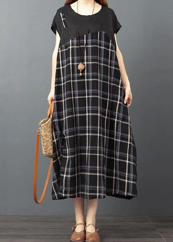 Cozy Outfit Stylish  Black Plaid Patchwork Button Long Dresses Summer