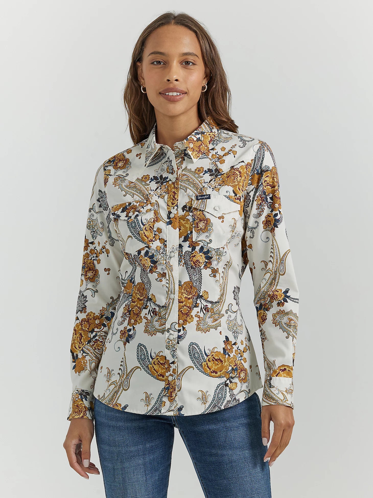 Stylish Ease WRANGLER WESTERN FLORAL LONG SLEEVE SNAP SHIRT