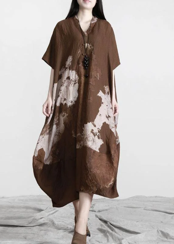 High-end Design Stylish Brown Print Button Cotton Summer Long Dresses
