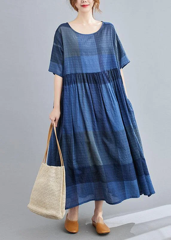Floral Prints Unique Blue Plaid Casual Pockets A Line Summer Maxi Dresses Half Sleeve Floral Prints Unique Blue Plaid Casual Pockets A Line Summer Maxi Dresses Half Sleeve
