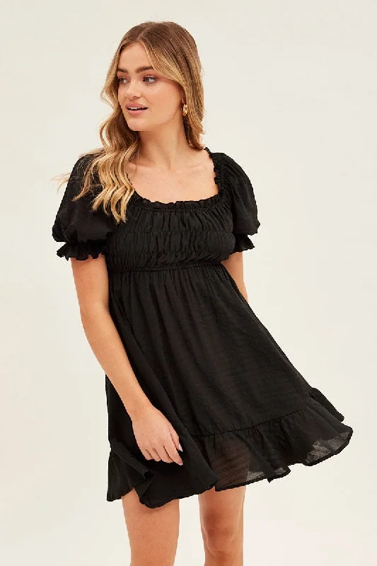 Lounge Wear Black Gathered Bust Skater Dress