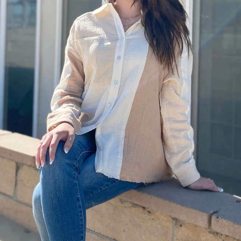 Fashion Must-have Strand Color Block Linen Blend Top