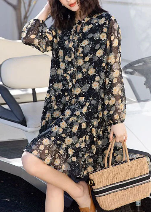 Fashion Innovation Stylish Black Ruffled Button Print Patchwork Chiffon Dresses Spring