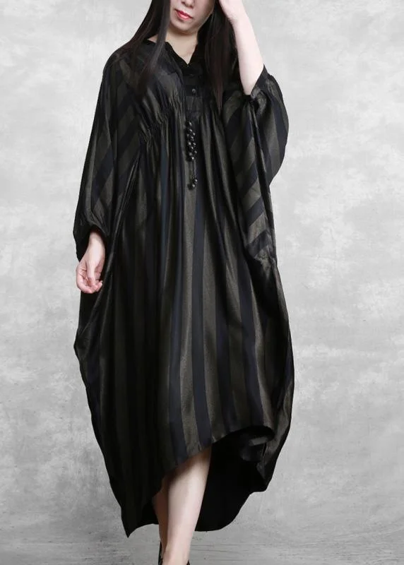 Soft Comfort Style Black Striped Silk Maxi Dress Batwing Sleeve A Line Dresses
