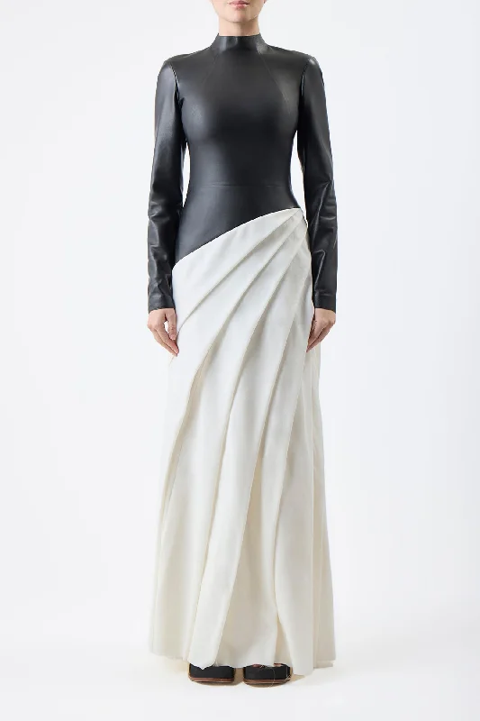 All-Day Wear Aulay Pleated Maxi Dress in Black Nappa Leather & Ivory Cashmere Wool