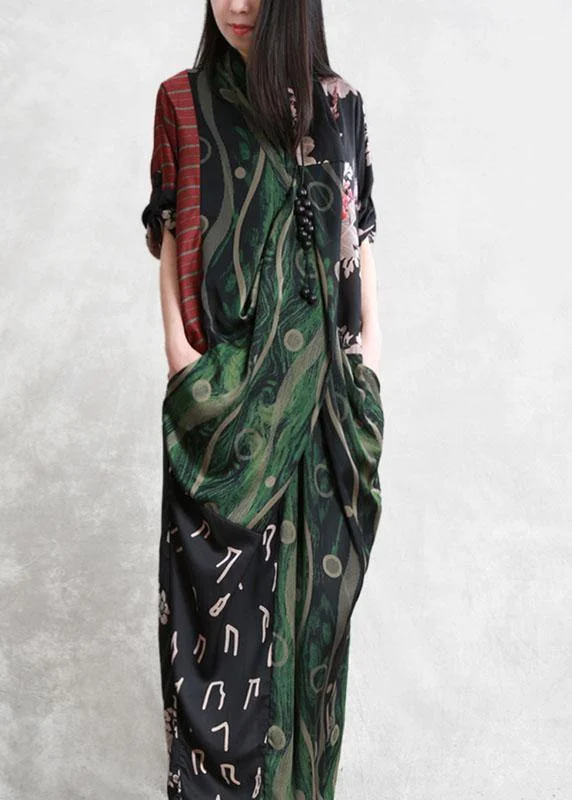 Soft Fabrics Style Green V Neck Patchwork Fall Print Maxi Dresses Long sleeve