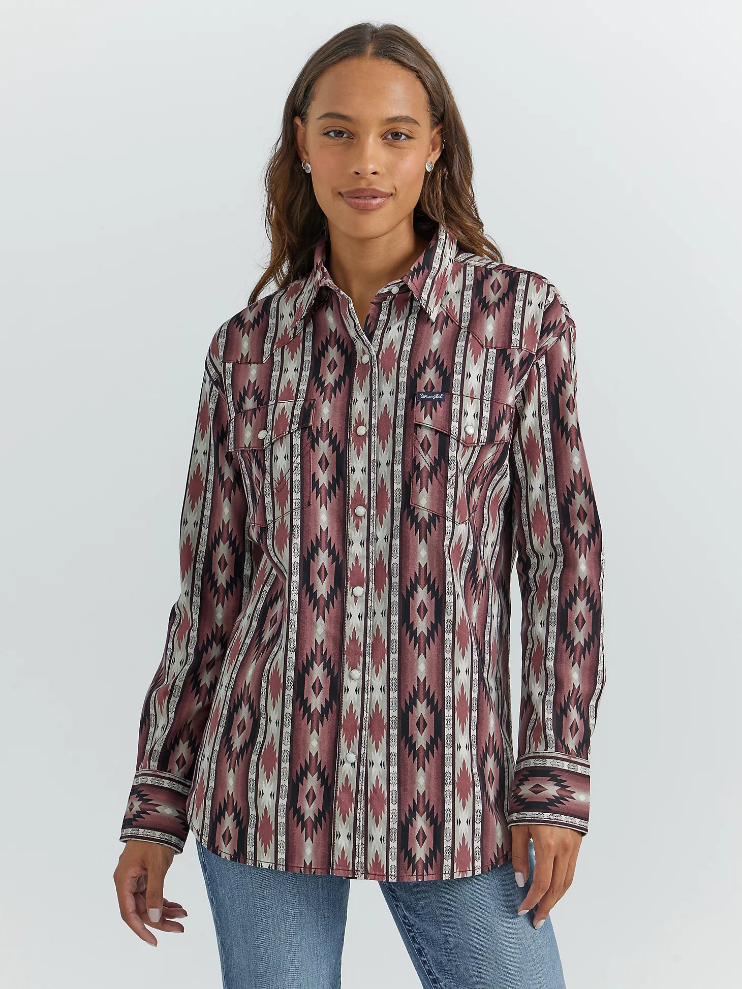 Casual Elegance Wrangler Checotah Boyfriend Aztec Burgundy Brushpopper Shirt