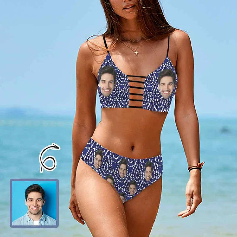 French Retro Custom Face Ethnic Style Blue Tie Cutout Bikini Set Personalized Low Waisted Bikini Swimsuit Beach Outfits French Retro Custom Face Ethnic Style Blue Tie Cutout Bikini Set Personalized Low Waisted Bikini Swimsuit Beach Outfits