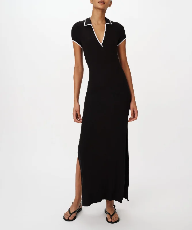 Stylish Comfort Modal Rib Short Sleeve Split Neck Dress - Black