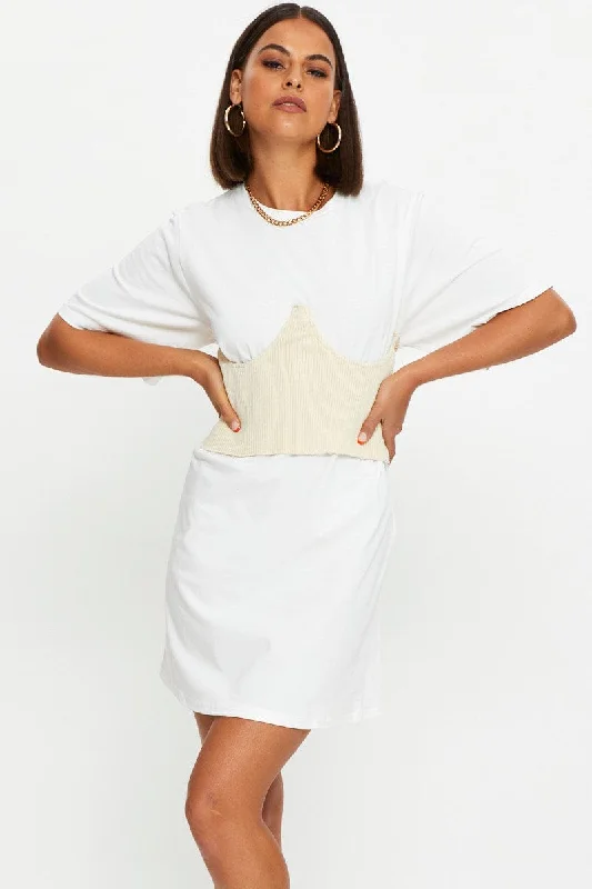 Trendy Items White Knitted Corset Belt And T Shirt Dress