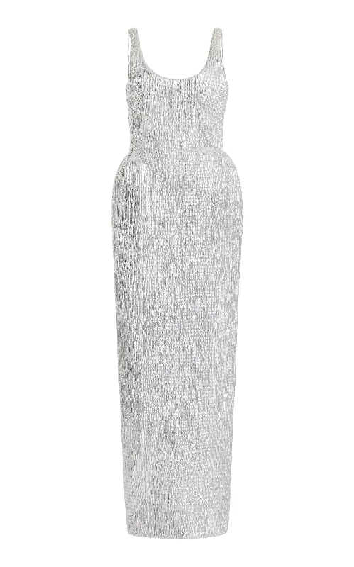 Romantic Temperament Girard Shirred Maxi Dress with Lining in Silver Metallic Nappa Leather