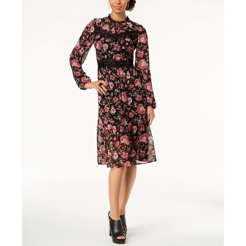 Chic Outfits Nine West Women's Lace-Trim Floral Chiffon Midi Dress Size 4" - Black