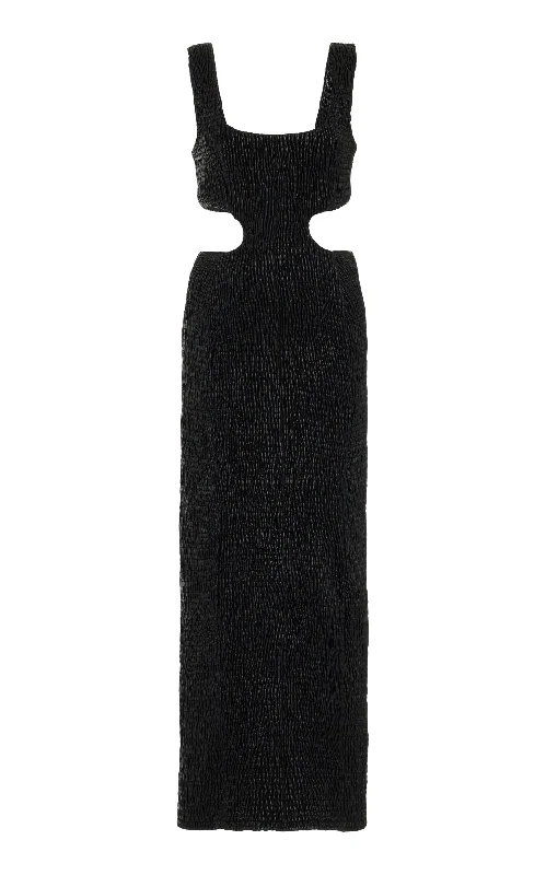 High-quality Styles Gal Shirred Maxi Dress with Lining in Black Nappa Leather