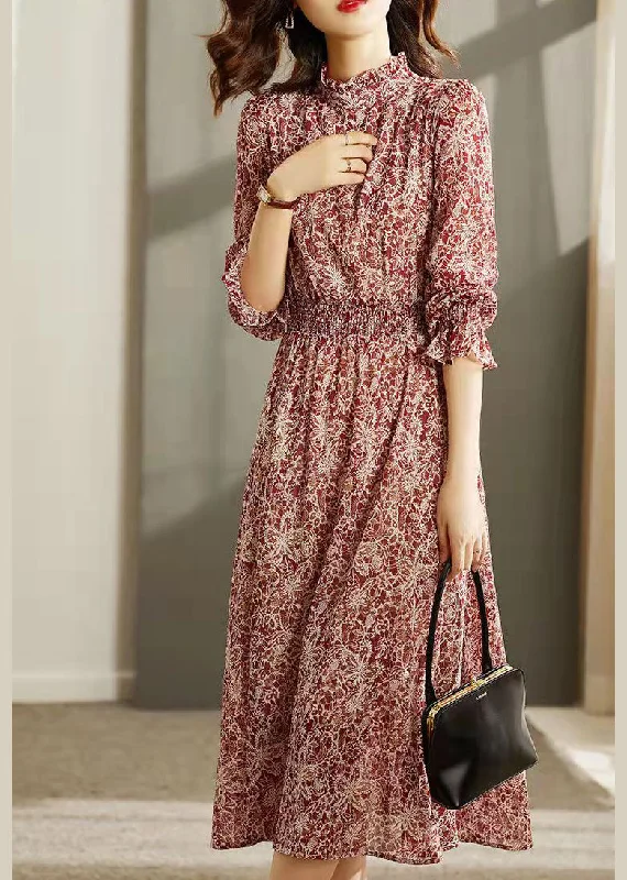 Versatile Wear Style Red Stand Collar elastic waist Print Silk Long Dresses flare sleeve