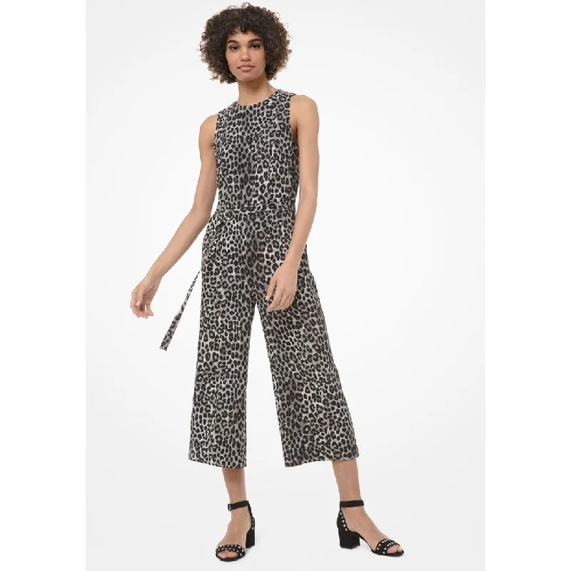 Easy Chic Michael Kors Women's Cropped Belted Animal-Print Jumpsuit Grey Size 4