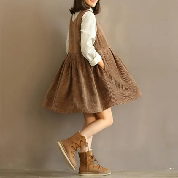 Celebrity Must-have Khaki vintage spring dresses plus size casual high waist vest dress