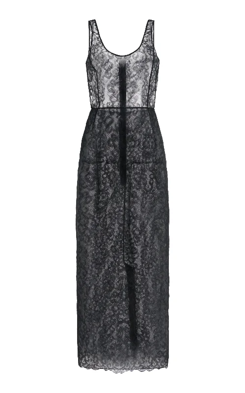 Classic Style Polus Sheer Maxi Dress with Slip in Black Silk Lace