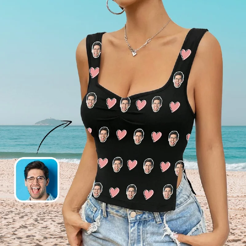 Beautiful Romance Custom Face Heart Black Top Personalized Women's Square Neck Backless Ruched Side Split Crop Tank Tops Beautiful Romance Custom Face Heart Black Top Personalized Women's Square Neck Backless Ruched Side Split Crop Tank Tops