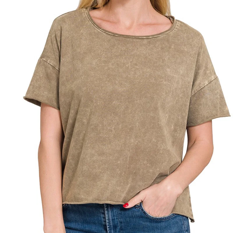 Bottom And Versatile Work It Washed Raw Edge Short Sleeve Top