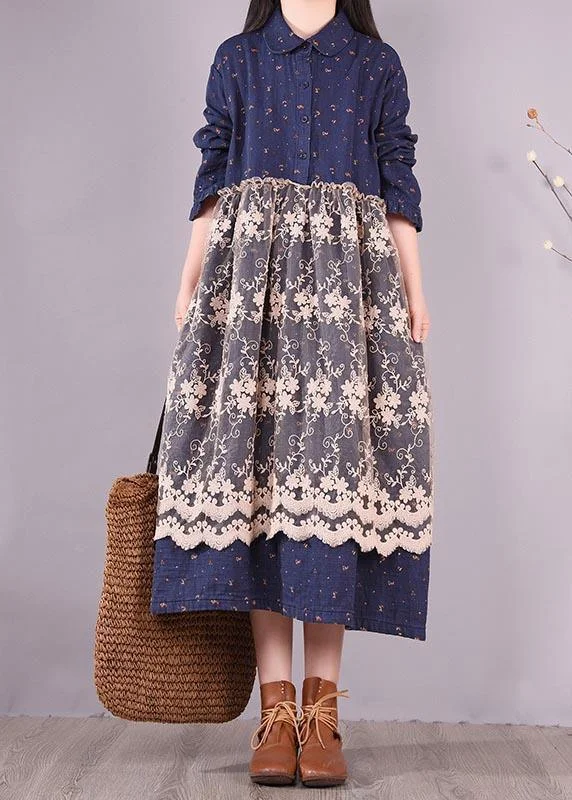 Feminine Charm Unique Blue Print Dresses Patchwork Lace Kaftan Spring Dress