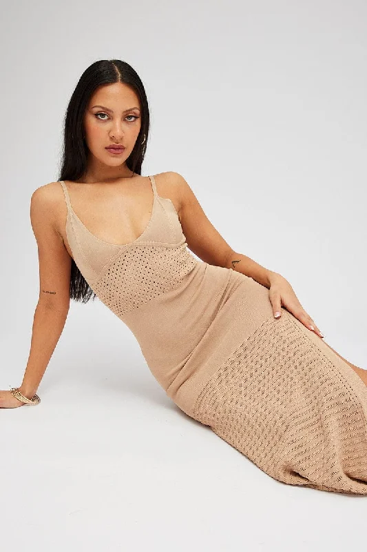 Fashionable Prints Beige Knit Dress Sleeveless V Neck Midi Mixed Crochet