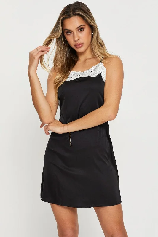 Breezy Comfort Black Slip Dress Mini Satin