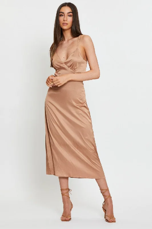 Beautiful Romance Brown Midi Dress Satin