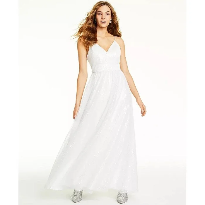 Warm Wear Crystal Doll Juniors' Sequin V-Neck Gown White Size 9