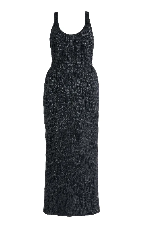 Exquisite Embroidery Girard Shirred Maxi Dress with Lining in Black Pearlized Nappa Leather