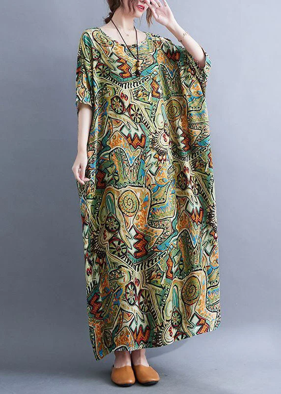 Fresh Wear Style Green Oversized Print Cotton Long Dresses Summer