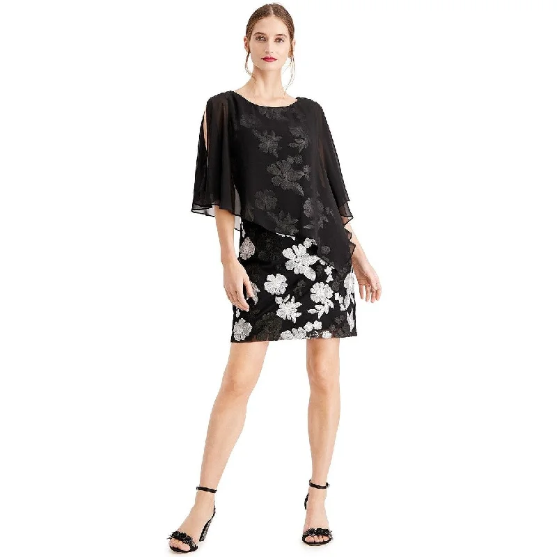 Casual Fit Connected Women's Embroidered Chiffon-Capelet Dress Black Size 16