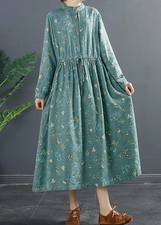 Relaxed Chic Style Button Spring Tunic Dress Pattern Green Print Dresses