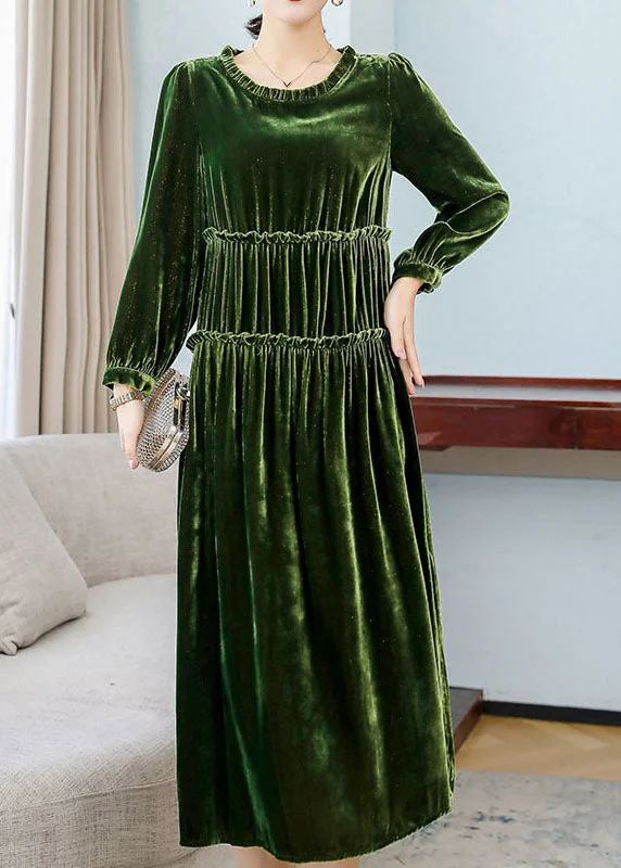 Chic Lounge Style Green Ruffled Patchwork Velour Long Dresses Spring