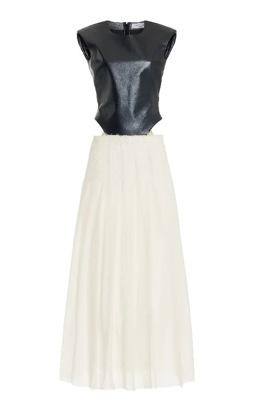 Fashion Pioneer Mina Pleated Maxi Dress in Black Metallic Nappa Leather & Ivory Virgin Wool Cashmere Gauze Fashion Pioneer Mina Pleated Maxi Dress in Black Metallic Nappa Leather & Ivory Virgin Wool Cashmere Gauze