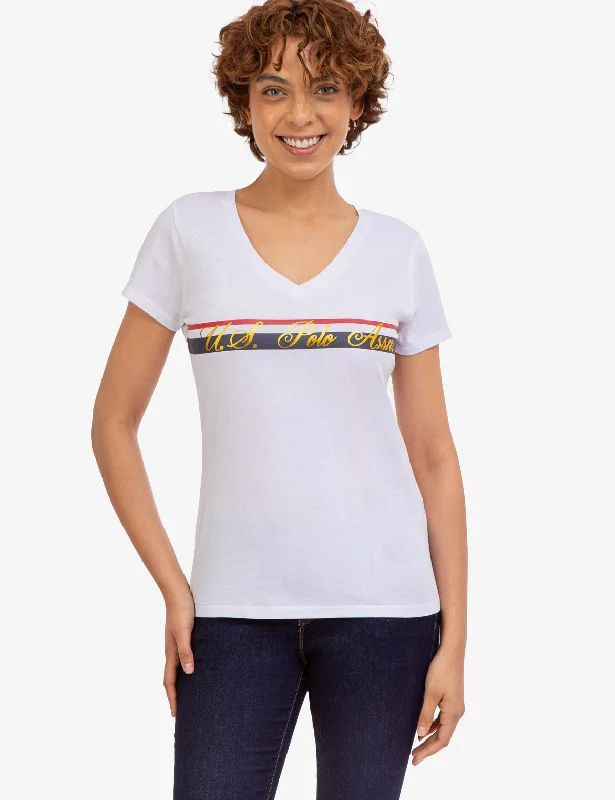 New Products V-NECK STRIPE FOIL GRAPHIC T-SHIRT