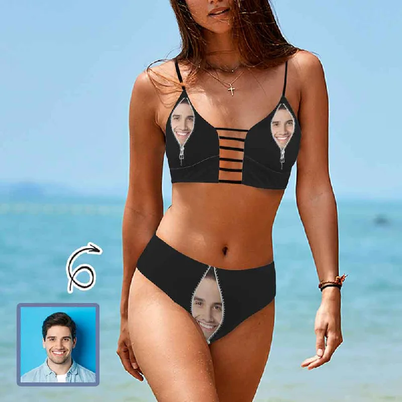 Warm And Comfortable Custom Face Zip Black Tie Cutout Bikini Set Personalized Low Waisted Bikini Swimsuit Beach Outfits Warm And Comfortable Custom Face Zip Black Tie Cutout Bikini Set Personalized Low Waisted Bikini Swimsuit Beach Outfits
