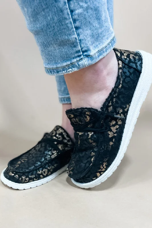 Loose Fit Golden Girls- Black & Gold Foil Leopard Print Flats w/ Fuzzy Lining