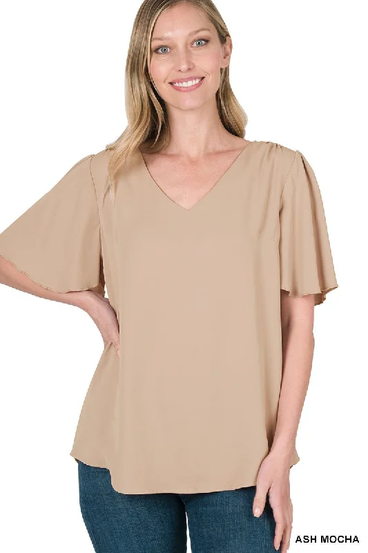 Energy Plan WOVEN ASH MOCHA WATERFALL SLEEVE V-NECK TOP