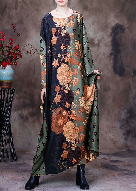 Fashion Concept Style Green O-Neck Oversized Print Silk Vacation Dresses Batwing Sleeve Fashion Concept Style Green O-Neck Oversized Print Silk Vacation Dresses Batwing Sleeve