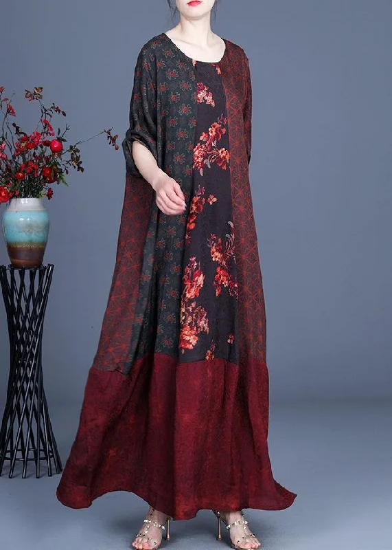 Soft Clothing Style Mulberry Print Patchwork Robe Dresses Summer Spring